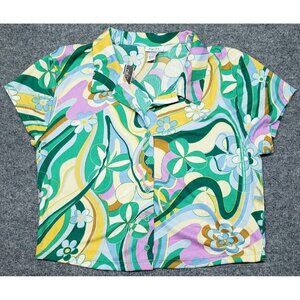 Rue21 Shirt Top Womens XL Multicolor Floral Short Sleeve Stretch Button Up New